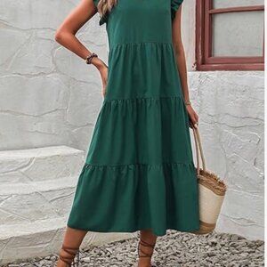 NWT - Womens Green Neckline Ruffle Trim Smock Dress Midi Dress - Size Small